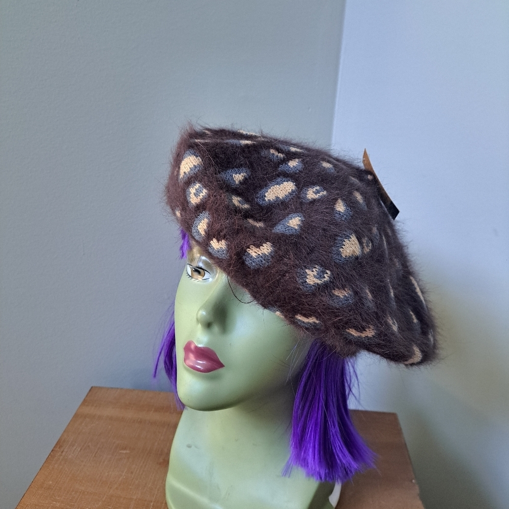 C.C Brown/Grey/Cream Cony Hair And Wool Blend Animal Print Hat/Beret - Picture 3 of 7